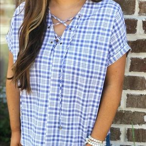 fab’rik blue & white tie up SS top